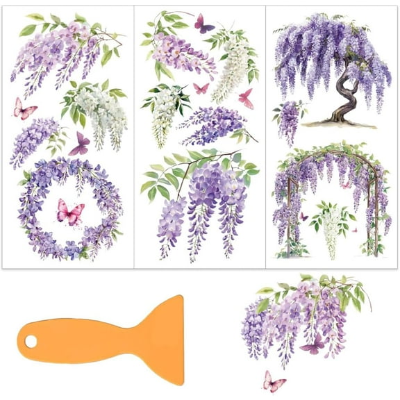 3pcs/Set Wisteria Rub on Transfers for Furniture and Crafts 6x12 Inch Purple Flowers Furniture Decals Decor Furniture Transfer Stickers with 1pc Scraper for Wood Furniture Decor Scrapbooking 1 Set