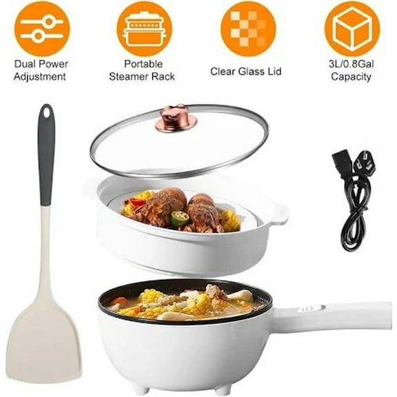 iMountek Electric Hot Pot Non-Stick Frying Pan Portable Rapid Noodles Cooker with Long Handle Steamer Spatula Dual Power Control Overheat Dry-Boil Protection