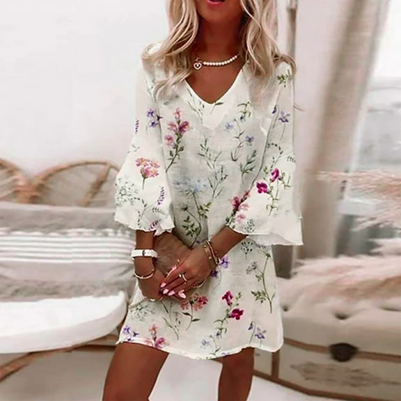 Fashion Women's Summer Casual V-Neck Short-sleeve Printed Mini Dress