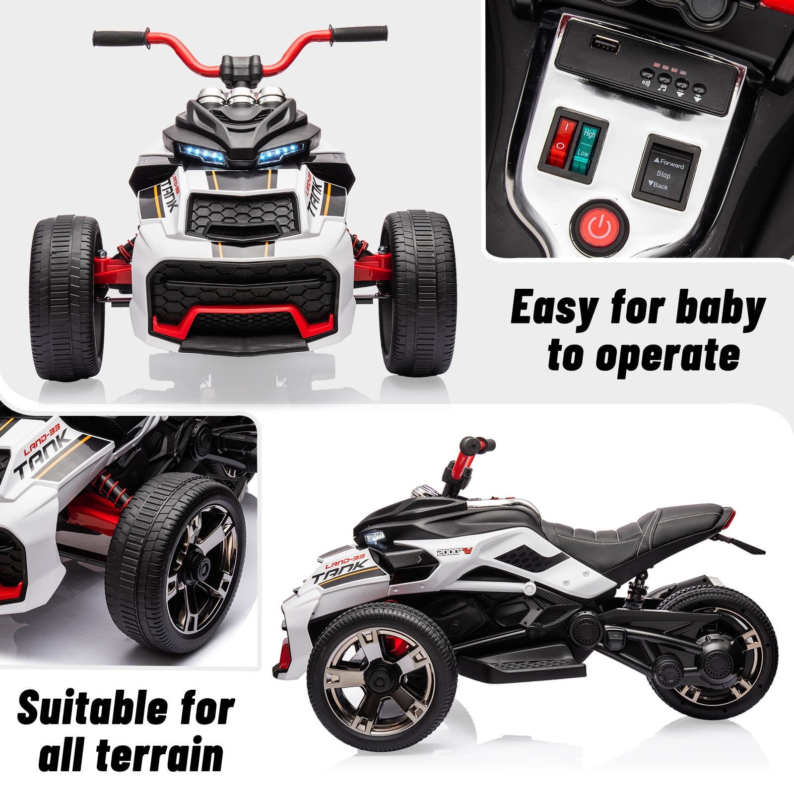 EastVita 12V 3 Wheeler Ride on ATV Electric Motorcycle, Battery Powered Electric Vehicle w/LED Lights, High & Low Speed, Horn, Music, USB, Treaded Tires, Ride on Car White