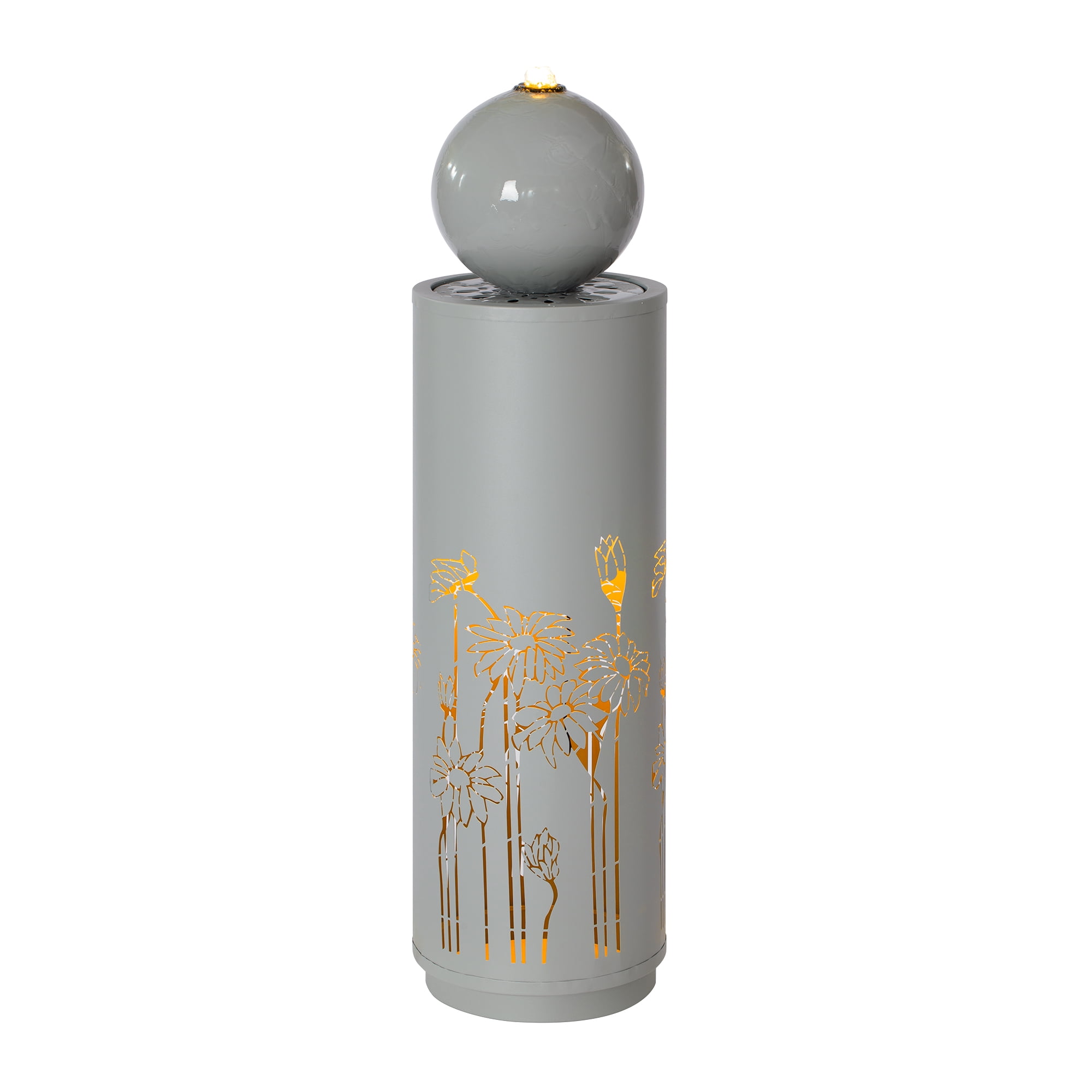 Mintazer 34.2"H Floral Cutout Cylinder Sphere Top Outdoor Fountain, Weatherproof Metal Water Feature with Dual Warm LED Lights & Silent Recirculating Pump for Patio Garden Backyard Decor, Gray