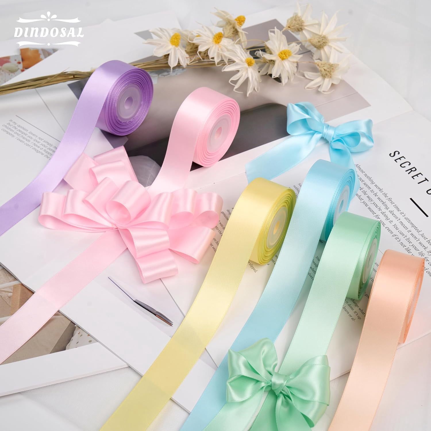 Pastel Ribbon 1 Inch Pastel Rainbow Satin Colorful Assorted Ribbon 6 Rolls for Gift Wrapping, Multicolor Flower Bouque Crafts Birthday Party Wedding - 60Yards