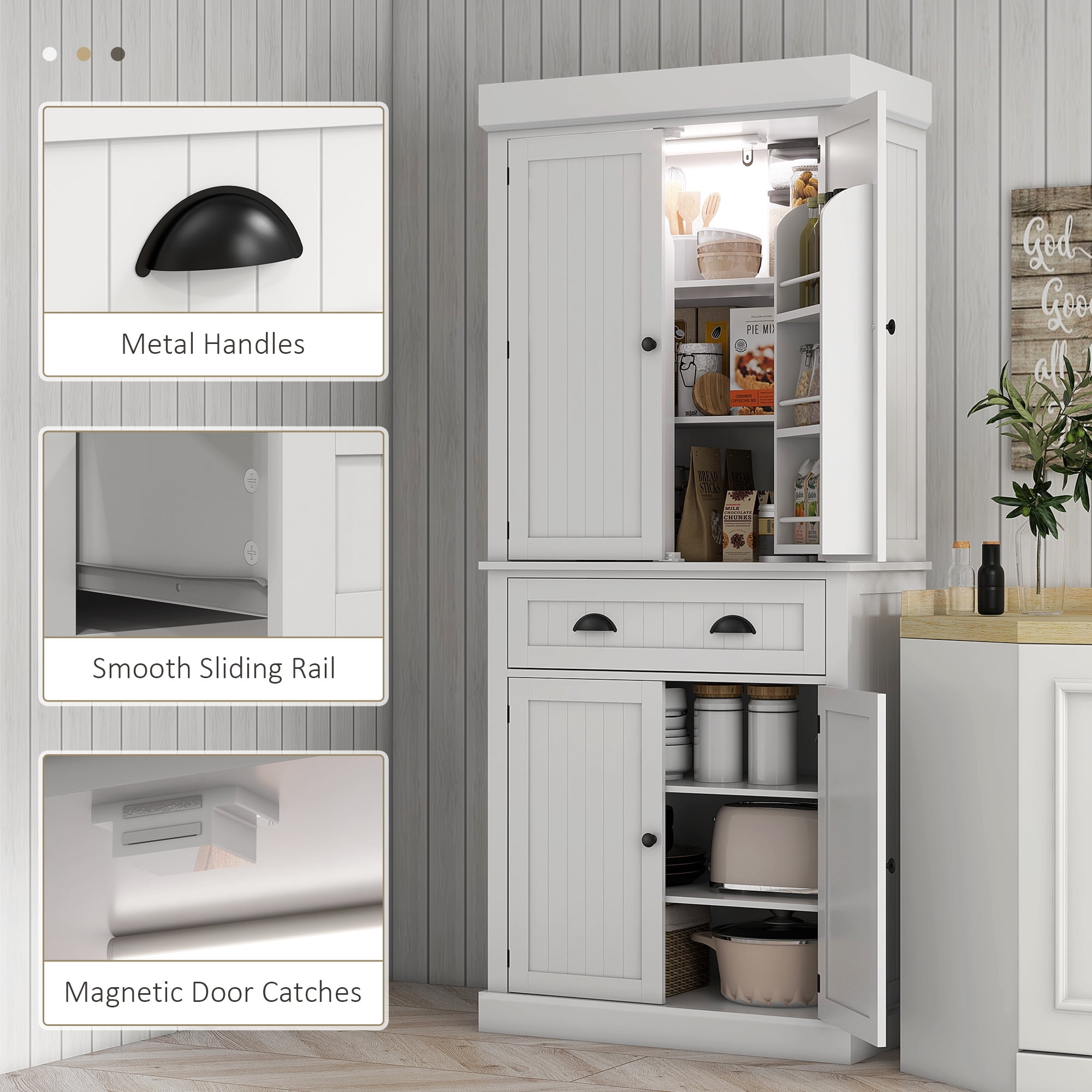 HOMCOM 71" Kitchen Pantry Cabinet with Large Storage and LED Lights, White