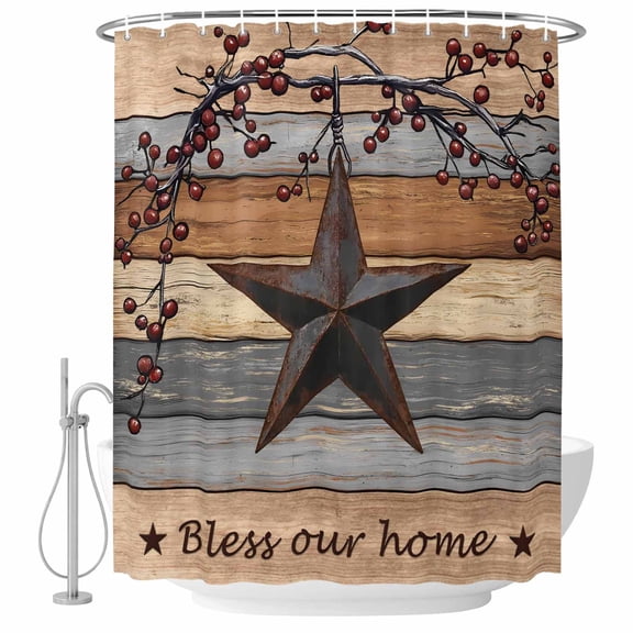 Texas Star Vintage Shower Curtain, Waterproof Shower Curtains for Bathroom, Berry Grey Blue Brown Wooden Washable Fabric Bathtub Curtain Set Bath Decor with 12 Hooks Extra Long 72"x96"