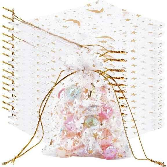 Topboutique Organza Jewelry Gift Pouch 100 Pcs Moon Star Organza Candy Bag Organza Drawstring Pouches 4 x 6 inch Small Packaging Bags for Christmas Wedding Party New Year Favor Jewelry Candy Gift Bag