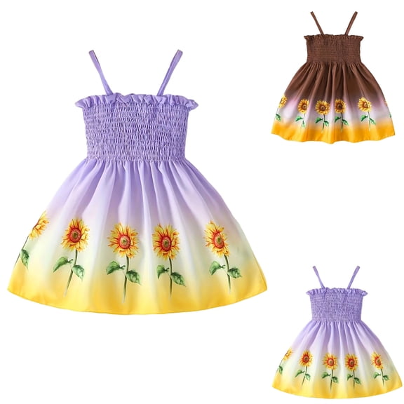 Trendfront Toddler Girls Smock Sundress Mini Sleeveless Square Neck Smocked Sunflower Floral Print Summer Beach