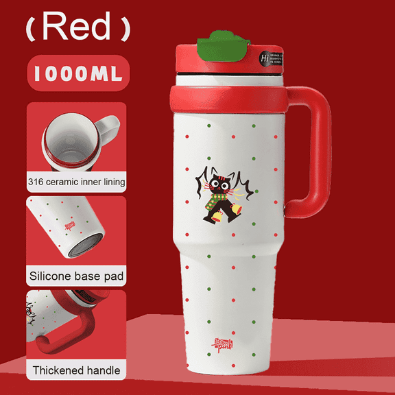 SPACEMUSE 40oz Vacuum-Insulated Ceramic Lined Tumbler with 3-in-1 Leak-Proof Lid, Red Travel Mug with handle and Leak-Resistant Straw Lid