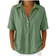 thumbnail image 1 of Hngshg Plus Size Tops for Women Linen Button Collared Comfy Short Sleeve Solid Color Casual Blouses Summer Vacation Going out Tops, 1 of 7
