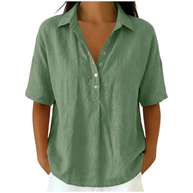 Hngshg Plus Size Tops for Women Linen Button Collared Comfy Short Sleeve Solid Color Casual Blouses Summer Vacation Going out Tops