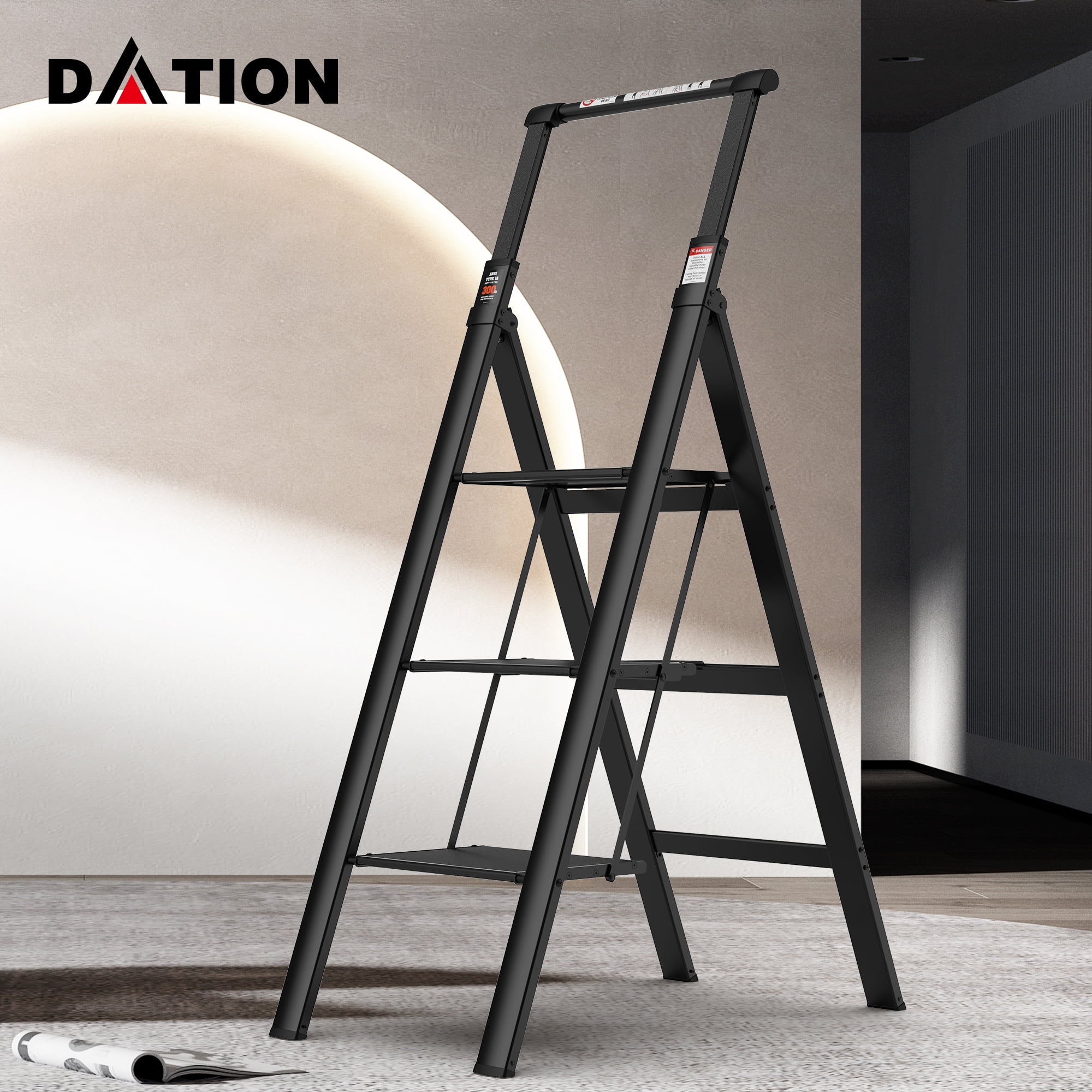 Kadyn Aluminum 3 Step Ladder, Retractable Ladder Folding Step Stool with Anti-Slip Wide Pedal, Portable Lightweight Ladder for Home and Office Use, Black