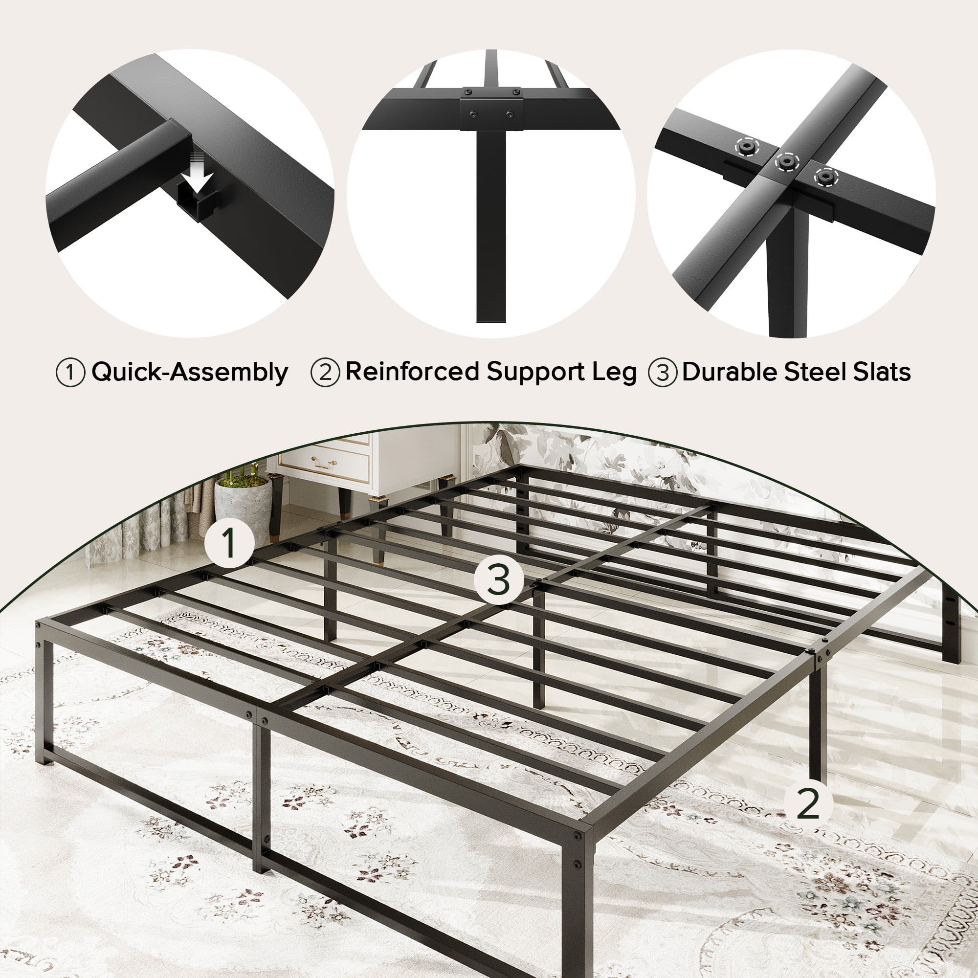 Einfach Queen Bed Frame, Upgraded 14" Metal Bed with Ample Under-Bed Storage Space, Reinforced Frame Structure, 3500 LBS Capacity, Black
