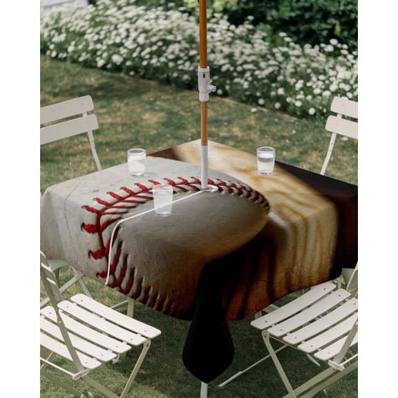 Outdoor Tablecloth with Umbrella Hole, Vintage Baseball with Wooden Bat Zippered Table Cloth for Rectangle Tables, American Sports Washable Waterproof Tablecloths for Picnic Patio Garden