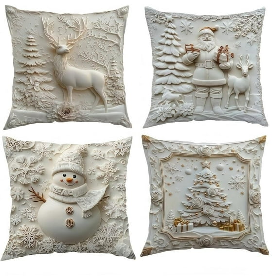 Christmas Cushion Covers Set of 4, 3D Soft White Christmas Throw Pillow Covers Snowman Reindeer Trees Decor Holiday Pillow Cover Farmhouse for Couch Sofa Bed (18" x 18" (Pack of 4))