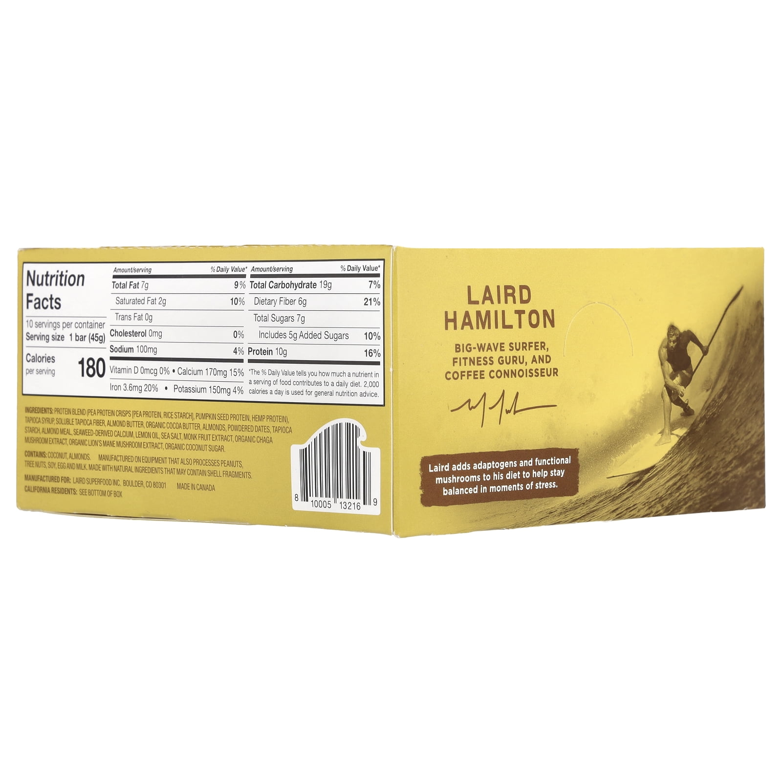 Laird Superfood Protein Bar + Adaptogens, Lemon Almond, 10 Packs, 1.6 oz (45 g) Each
