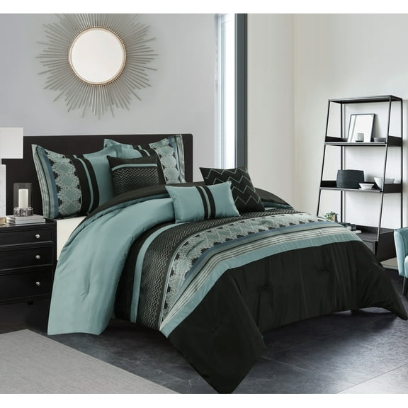 Lanco Evander 6 Piece Comforter Set Black/Blue, Bed Size King, Chevron Striped, 100% Polyester Fill