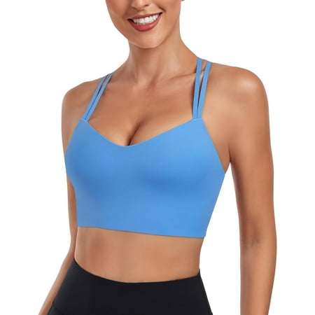 Womens Cloud Longline Sports Bra Molded Cup Spaghetti Strap Workout Bra Low Impact Yoga Crop Tank Top