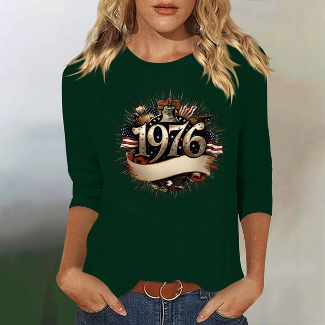 Uootdi Hauts pour Femmes Manches 3/4 Col Ras du Cou Imprimé Palmier Coucher de Soleil 1976 Coupe Décontractée T-Shirts Rétro Plage Vacances Cadeau