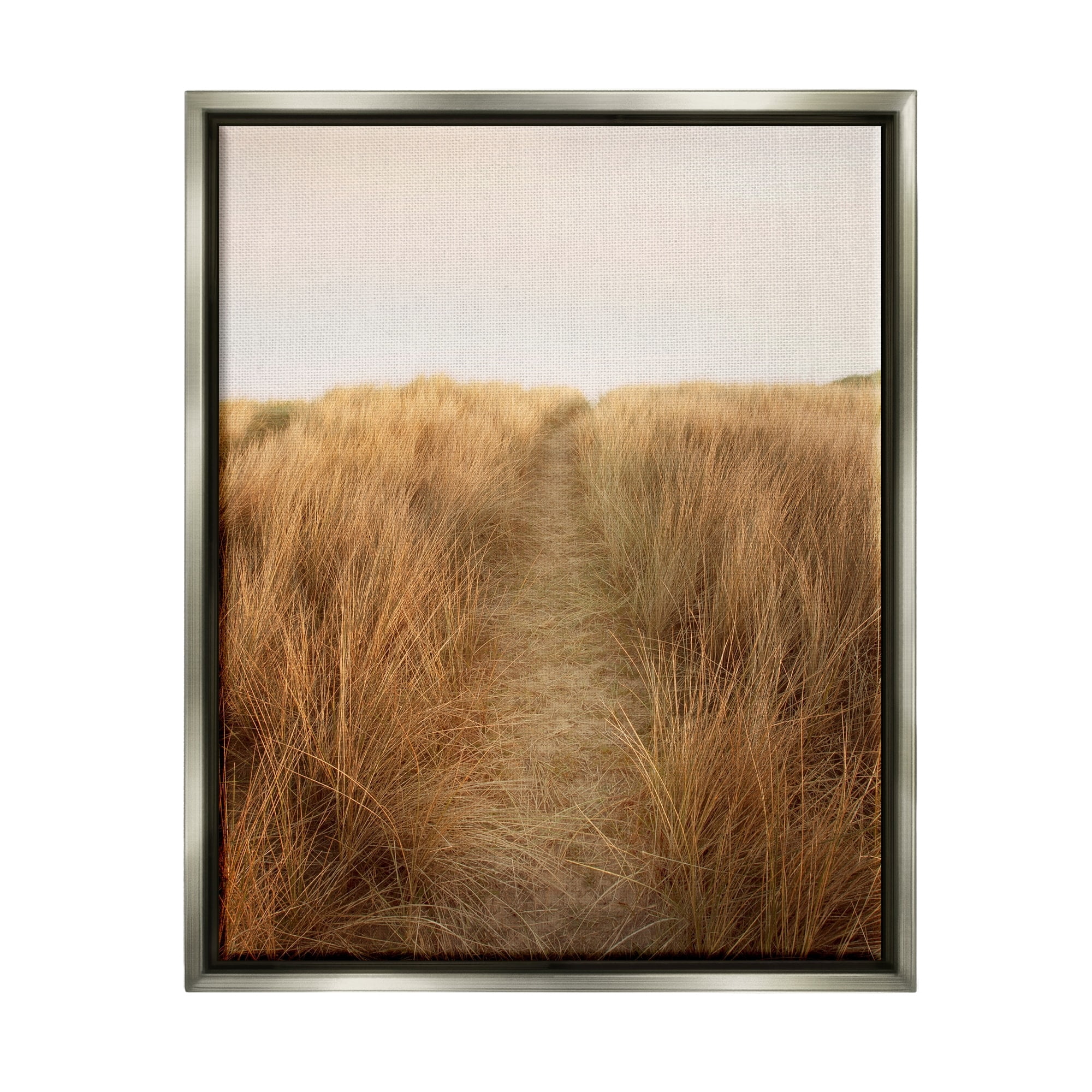 Stupell Industries Summer Sand Dune Pathway Sun Bleached Grassy Landscape Luster Gray Framed Floating Canvas Wall Art, 24x30, by Ian Winstanley