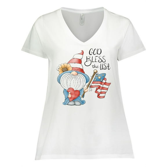 Inktastic God Bless the USA Gnome Women's Plus Size V-Neck T-Shirt