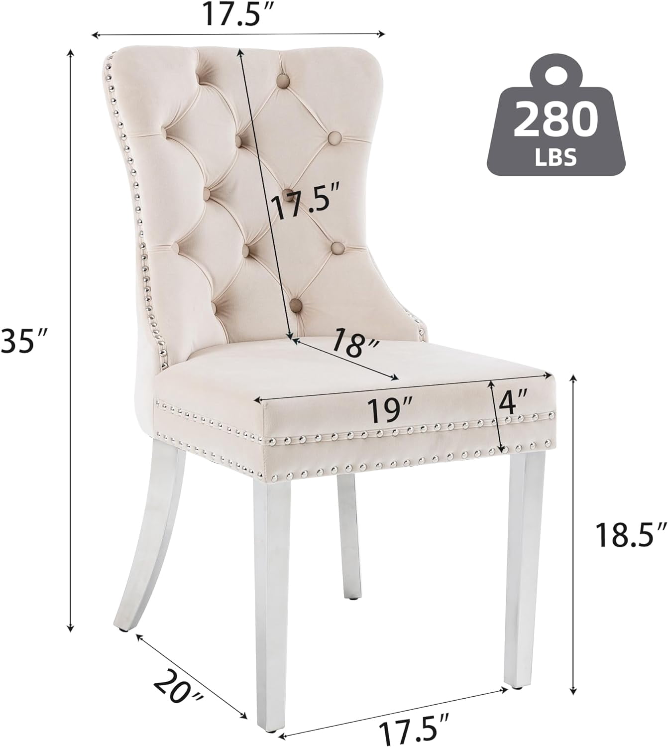 Westice Dining Room Chairs Set of 4, Button Tufted Velvet Chairs with Modern Stainless Steel Legs, Rivet Trim Metal Pull Ring Large Back for Kitchen Dining Room Restaurant, Beige