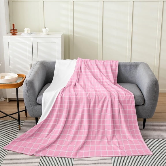 Pink Plaid Throw Blanket for Couch Sofa Bed Fluffy Soft Warm Microfiber Fleece Blanket