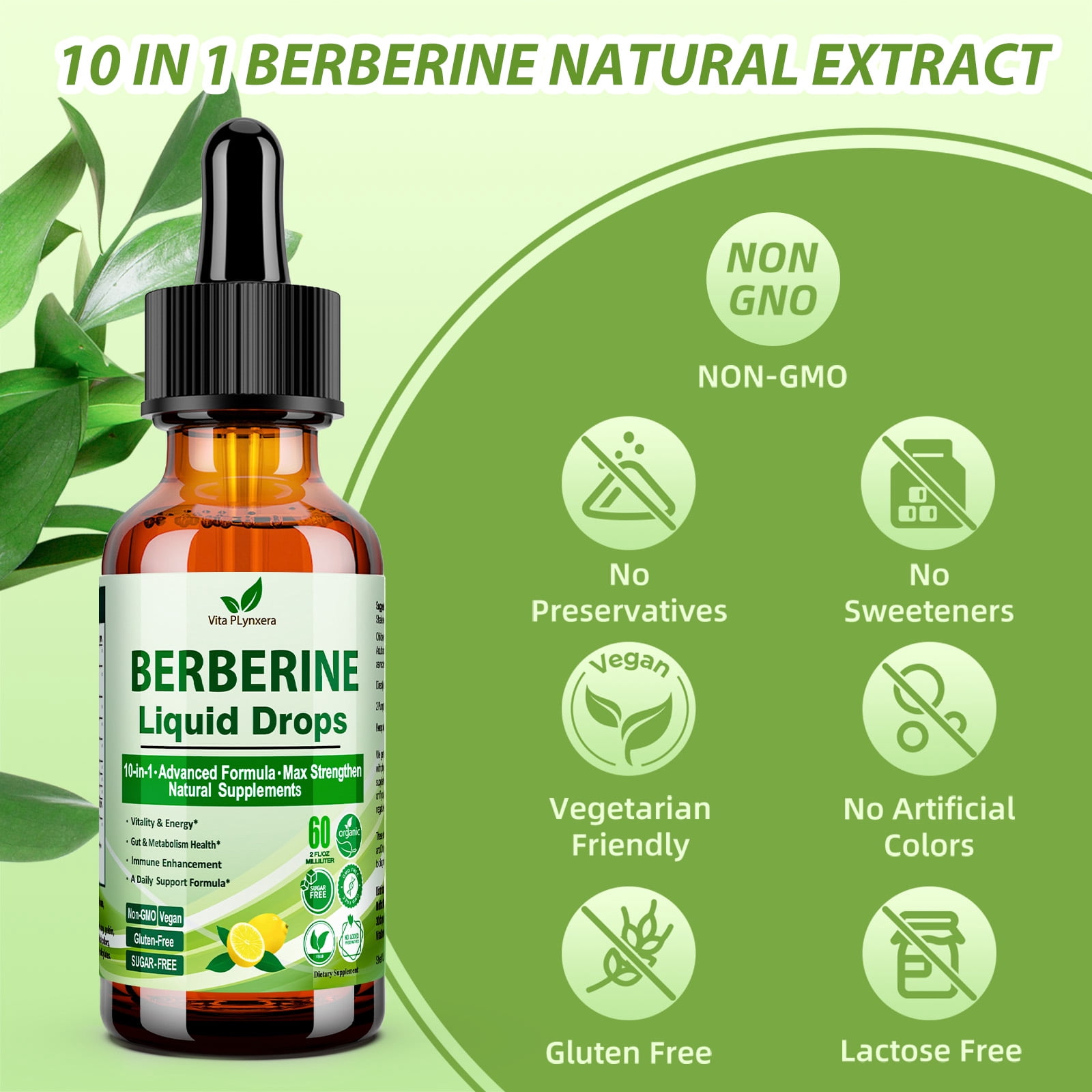 VitaPLynxera Berberine HCL, Cinnamon & Chromium for Metabolism Support, Weight-Loss & Healthy Glucose Levels,Sugar-Free, Vegan | 2 fl oz,60 Servings