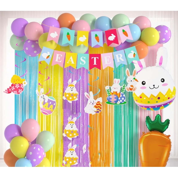 Easter Decorations Party Supplies - Easter Balloons Garland Arch Kit with 12in Pastel Balloons/ Cute Bunny Carrot Balloons/ Hanging Swirls/ 2 pcs 78in Fringe Curtain for Easter Party Decor