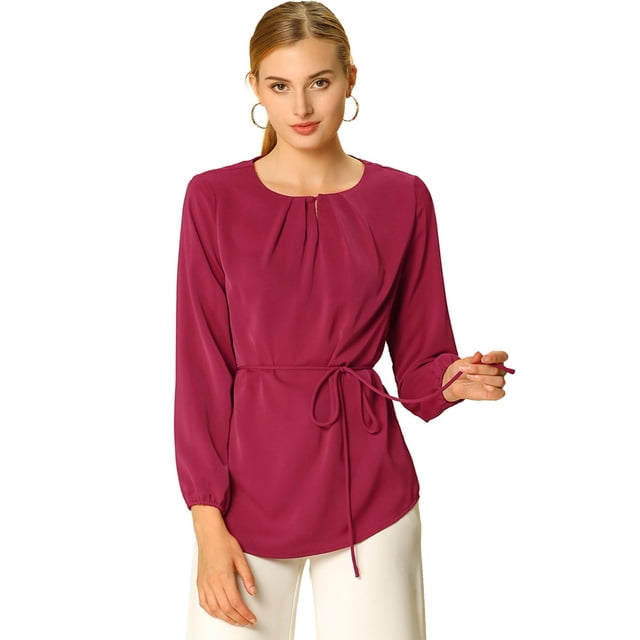 Allegra K Blusa Básico Top Túnica Cuello Redondo Plisado Cintura Con Cinturón Manga Larga Obispo Para Mujeres Rojo Vino L