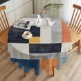 thumbnail image 3 of Abstract Stitching Round Tablecloth 54 inches Blue White Yellow Stripe Art Waterproof Oil-Proof Table Cloth Round Table Cover for Holiday Party Picnic Dinner Decor Indoor and Outdoor Use, 3 of 9