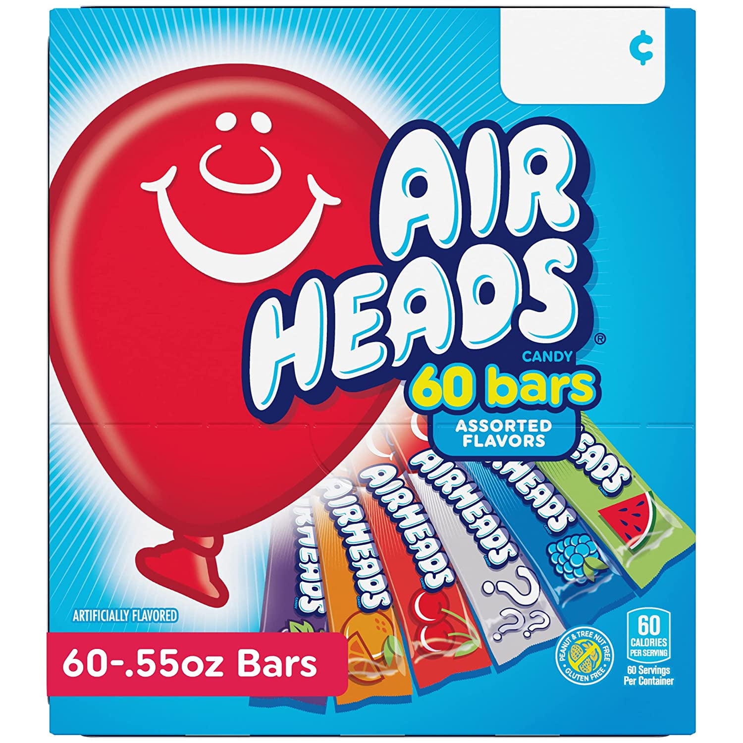 Airheads Chewy Candy Bars, Assorted Flavors, Nut Free, Regular Size, 33 oz, 60 Count Box