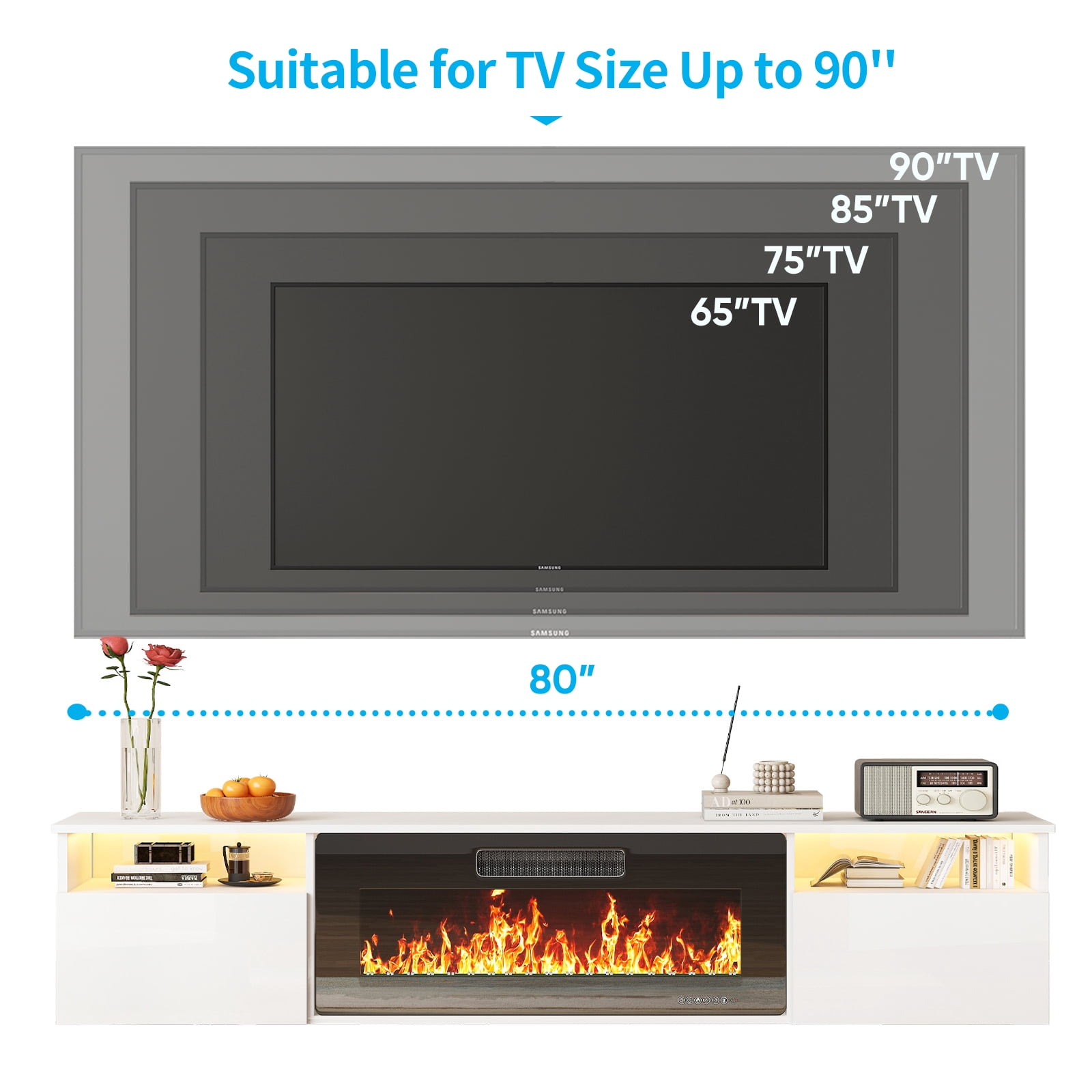 TABU 80" Floating Fireplace TV Stand with 36" Electric Fireplace,Wall Mounted TV Stand with Fireplace for TVs up to 90",White