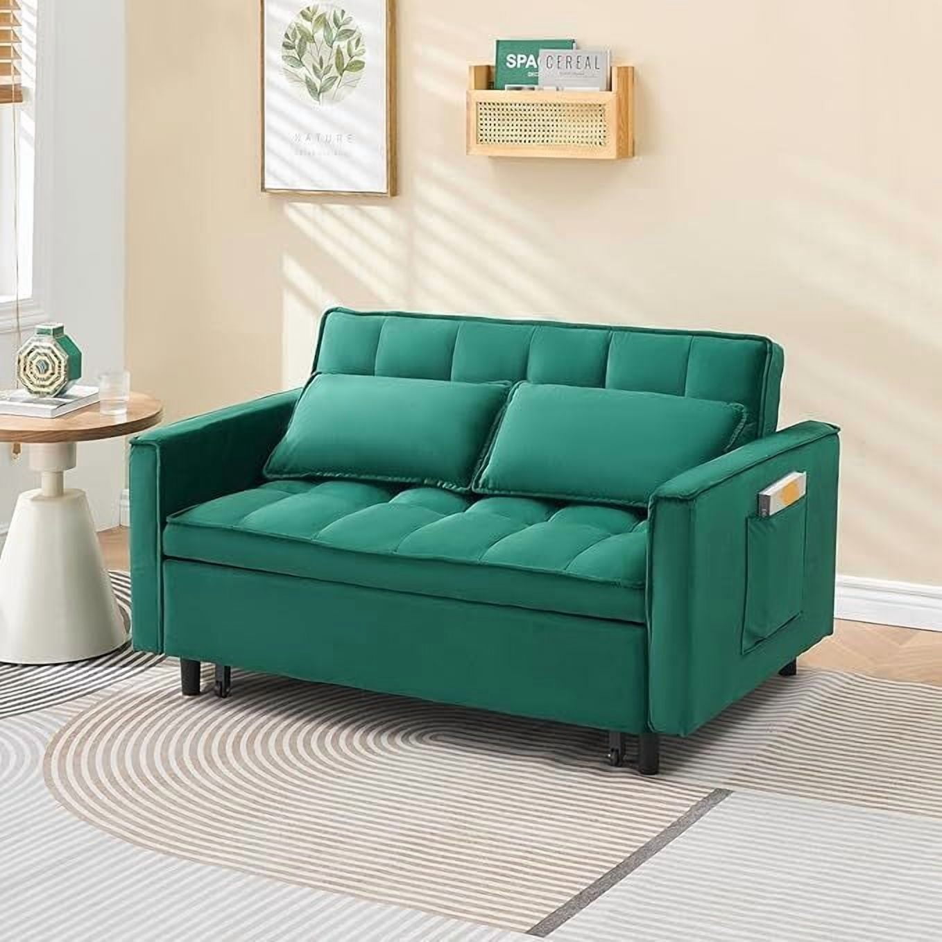 avobird 3 in 1 Convertible Sleeper Futon Sofa Bed, 55" Pull Out Sofa Bed with Storage Pocket/Side Pocket/2 Pillows for Living Room, Green