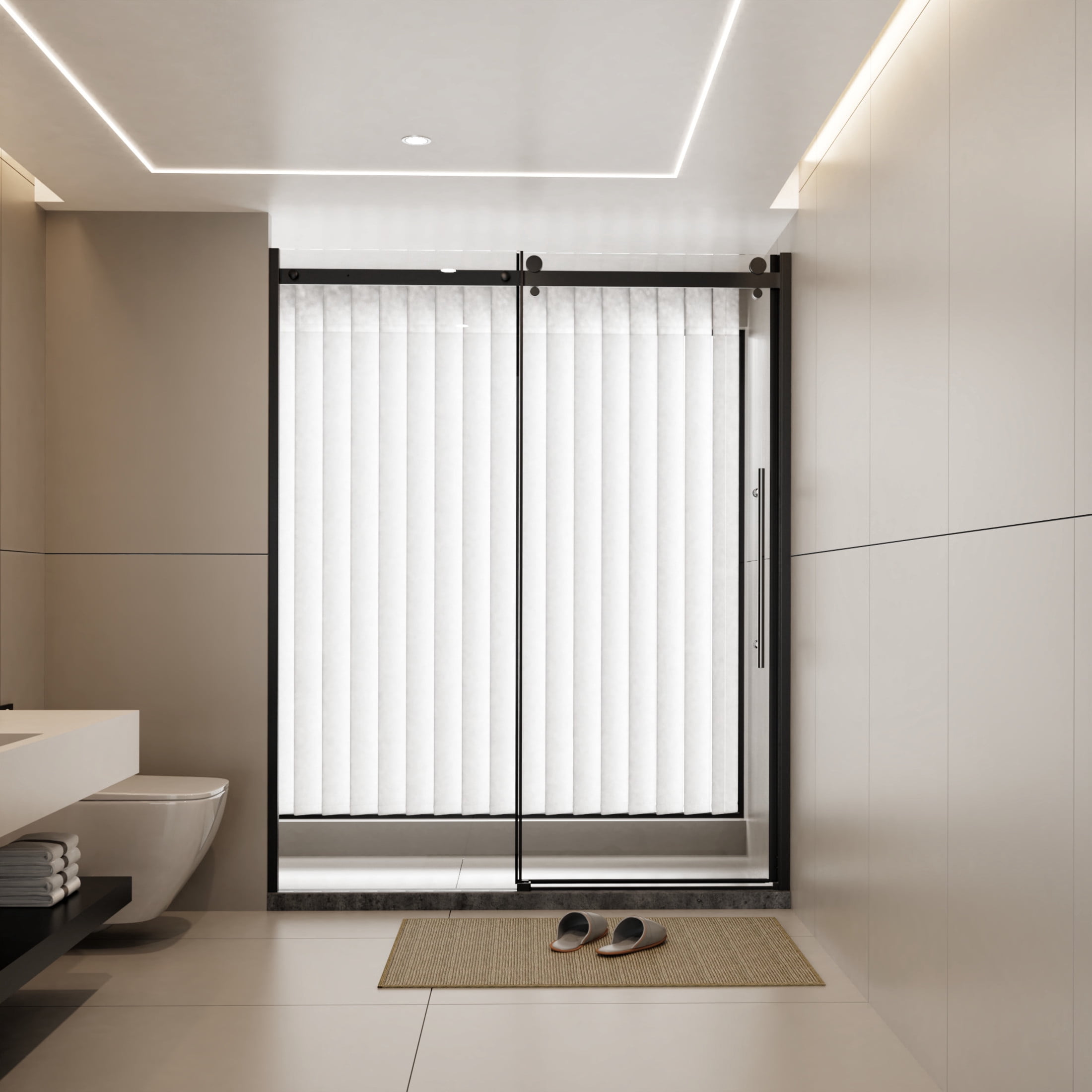 Noble House 60" x 72" Frameless Single Sliding Shower Door, Tempered Glass with Roller Rail and Steel Handle, Matt Black