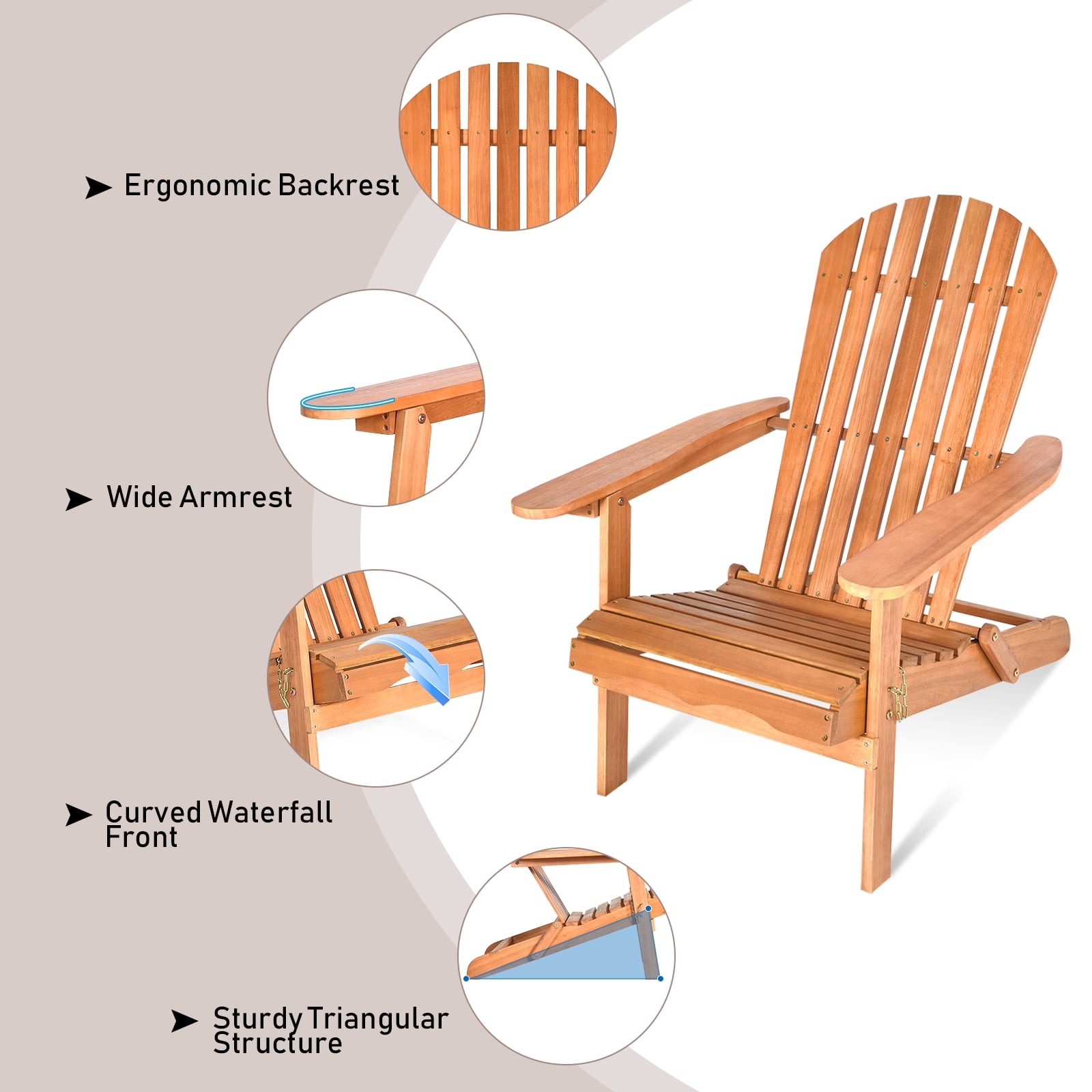 Patiojoy Outdoor Foldable Adirondack Chair Patio Recliner Eucalyptus Wood