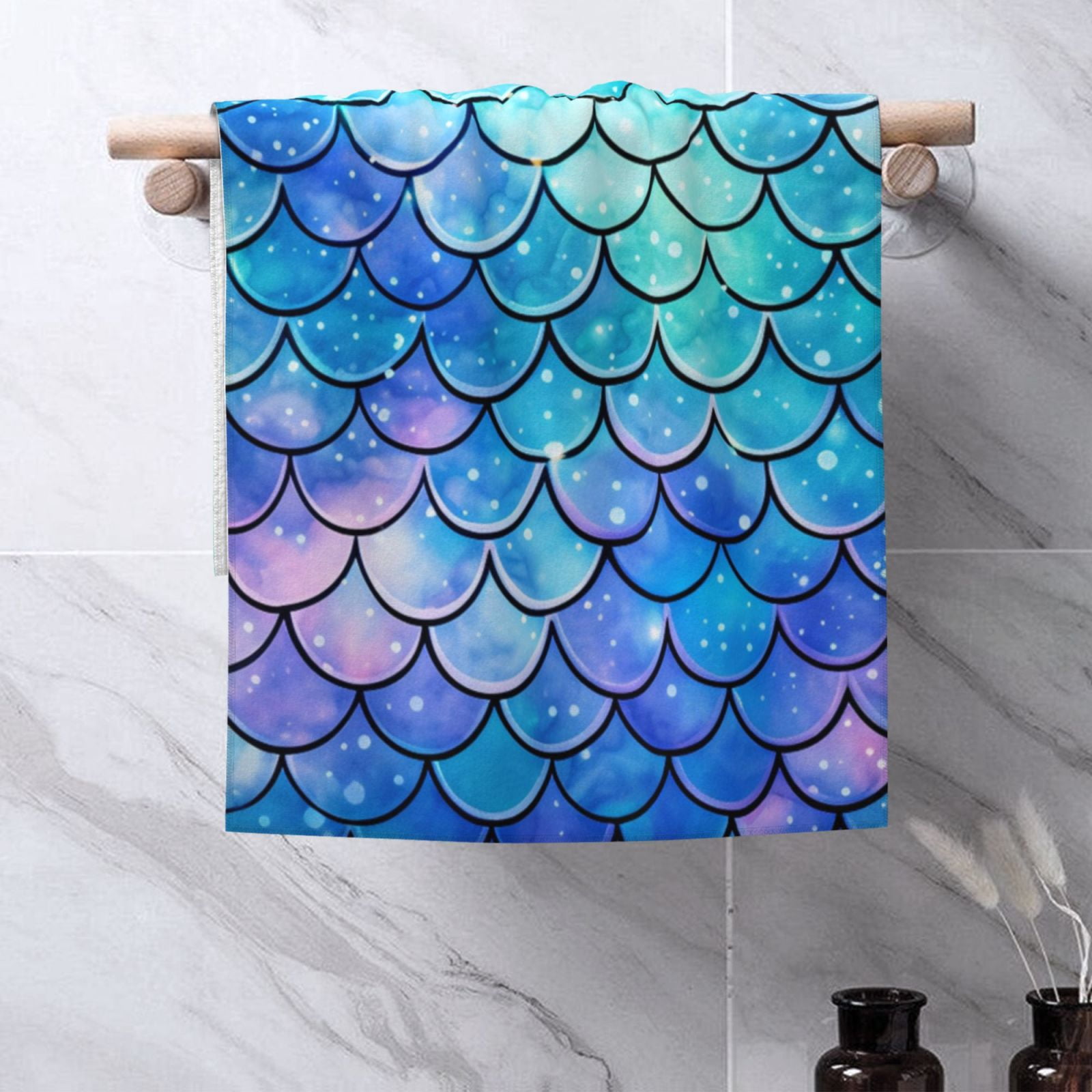 Mermaid Scales Fish Scale Blue 27.5" x 16" Ultra Soft Hand Towel, Face Wash Cloth for Bathroom, Gym, Travel, Pool
