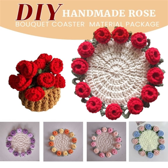 QianGlow DIY Crochet Coaster Kit, Vintage Rose Flower Bouquet Blanket Material Pack for Handmade Coasters, Complete Craft Supplies for Home Decor and Gift Making,A