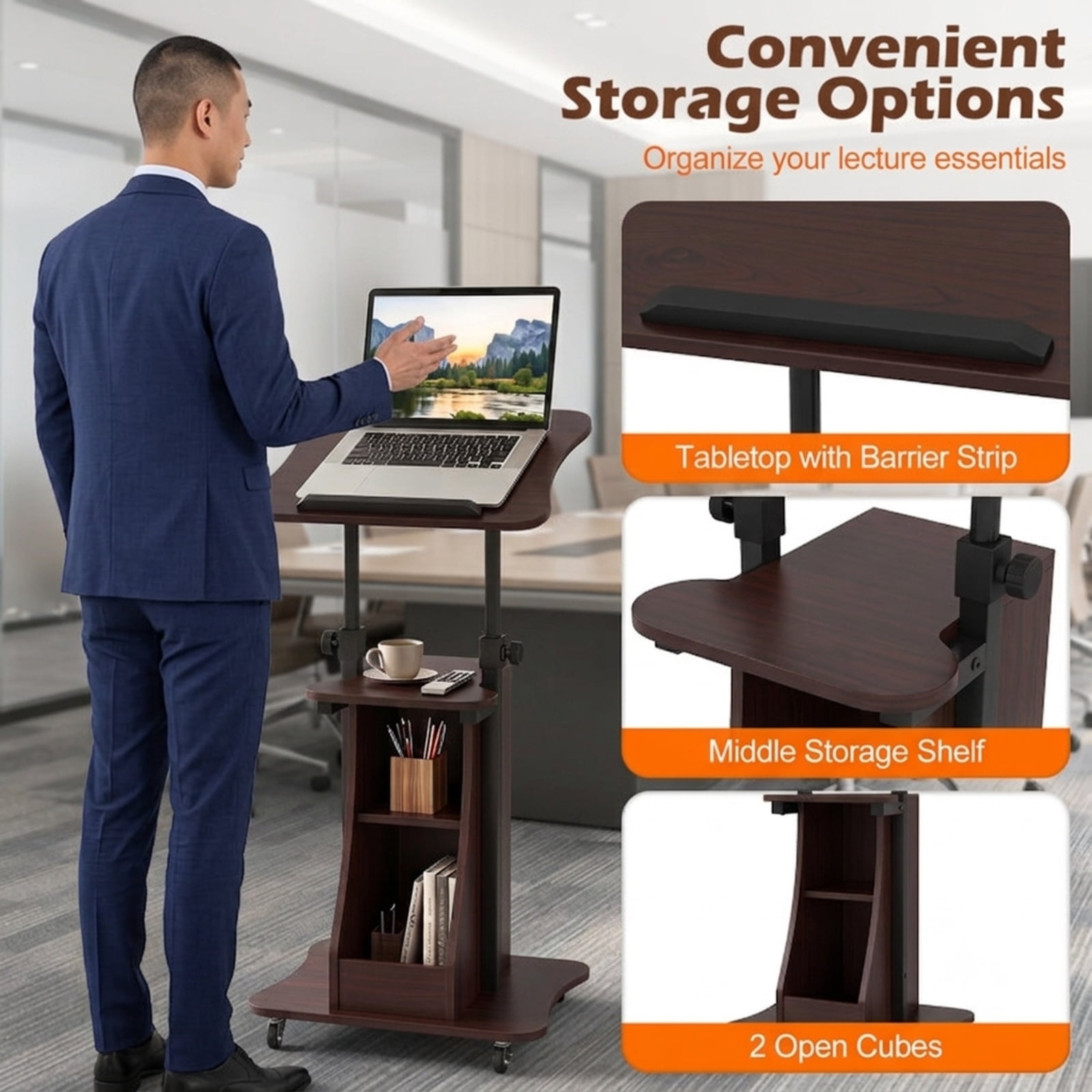 Furnibear Mobile Podium Stand Height Adjustable Laptop Cart with Tilting Tabletop Lockable Wheels and Storage Compartments for Office, Brown