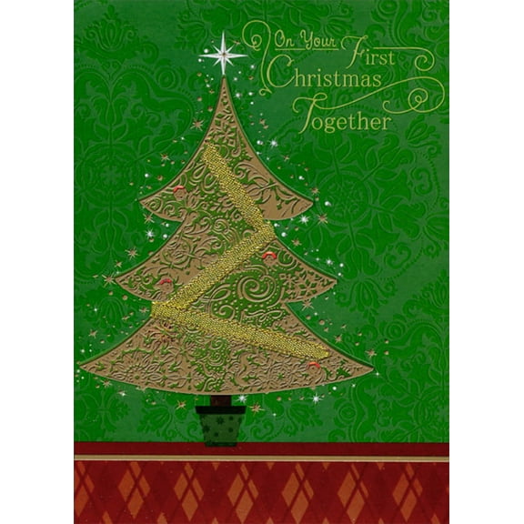 Designer Greetings Gold Foil 3D Tip On Tree, Gold Ribbon, Red Sequins on Green Hand Decorated Keepsake Your 1st : First Christmas Together Christmas Card