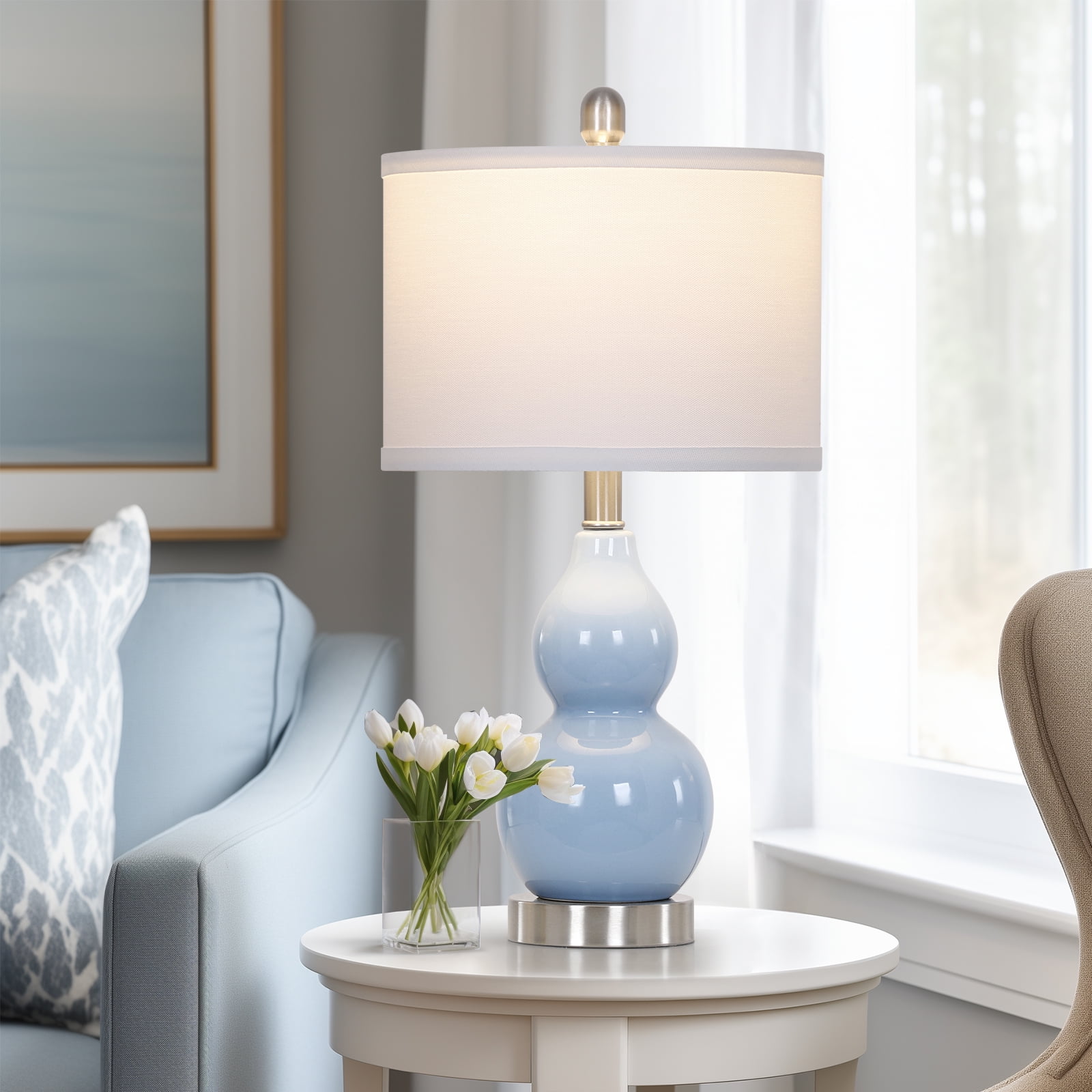 Cinkeda Ceramic Table Lamp Set of 2 for Bedroom Living Room 22" Modern Blue Double Gourd Nightstand Bedside Lamps