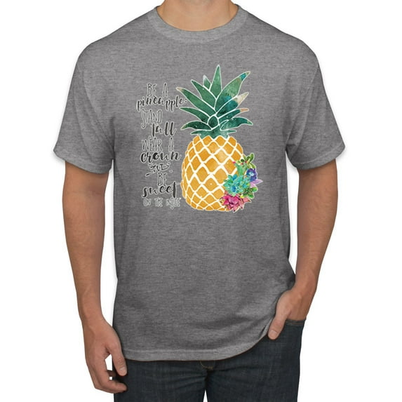 Wild Bobby, Pineapple Stand Tall Wear Crown And Stay Sweet Inside Arty Inspirational Pop Culture Men's Graphic T-Shirt, Heather Grey, Small