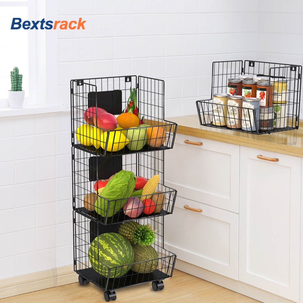 Bextsrack 3 Layer Stackable Wire Baskets Fruit Baskets,Fruit Bowl for Kitchen Counter With wheels Black