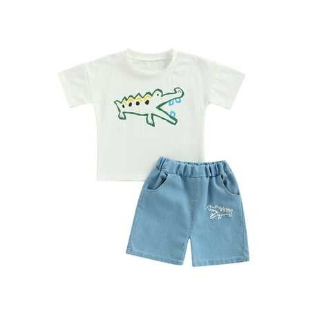 

Calsunbaby Toddler Kids Boys 2Pcs Outfits Cartoon Crocodile Print Short Sleeve Round Neck T-shirt with Denim Shorts Summer Set