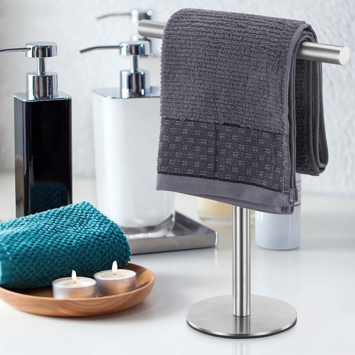 Melairy Bath Hand Towel Holder Standing SUS 304 Stainless Steel T-Shape Hand Towel Holder,Tower Bar For Bathroom Vanity Countertop Black 