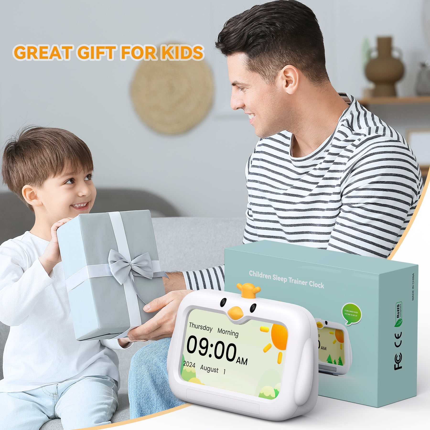 Mitoart Kids Alarm Clock - OK to Wake Clock for Toddlers,7 inch Sleep Training Clocks with Red/Green Lights, 8 Natural Sounds & 2 Levels Educational Alarm Clock for Kids.
