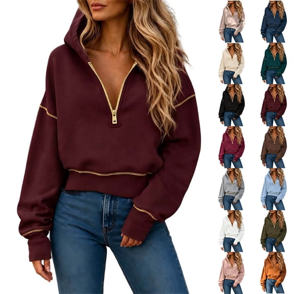 Jinhomg Womens Half Zip Hoodie Sweatshirt Casual Long Sleeve Cropped Pullover Tops with Gold Zipper L