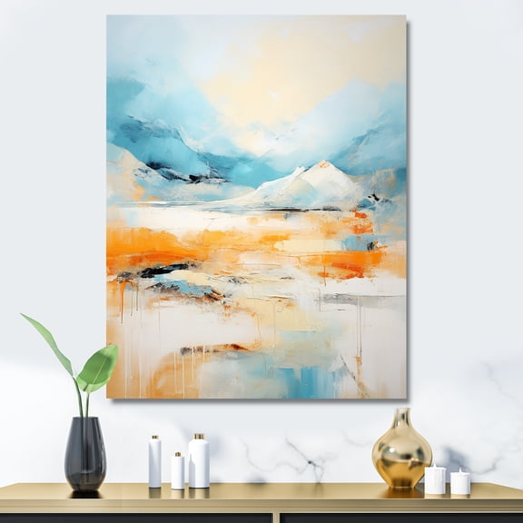 Designart "Mirage of the Desert in Blue and Orange III" Abstract Canvas Wall Art - Modern Blue Tachisme Bedroom Canvas Wall Art