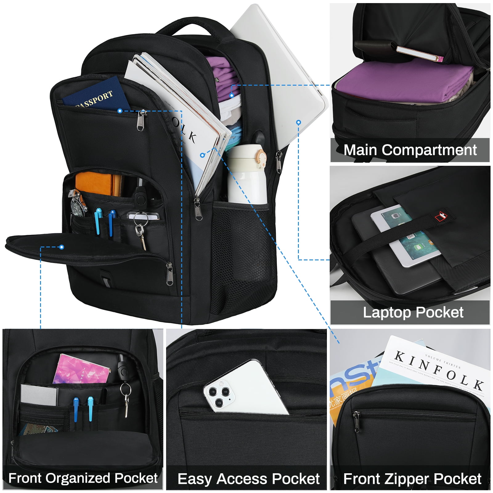 RAINSMORE Laptop Backpack 17 Inch Large Travel Backpack for Men Women Waterproof Computer Work Business College Bookbag TSA Friendly Carry on Backpack with USB Port, Black
