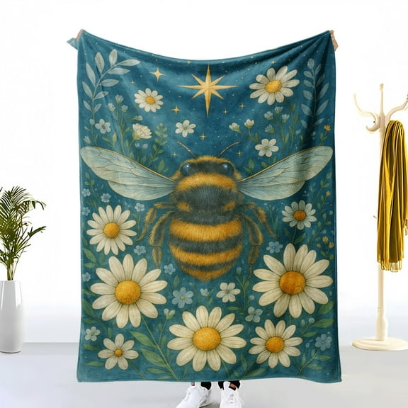 Waicvis Cozy Flannel Blanket Bee and Daisy Illustration Pattern Soft Skin-Friendly Warm Throw Blanket Bedroom Living Room Sofa Decorative Blanket Autumn Winter Thickened Nap Blanket Home Textile