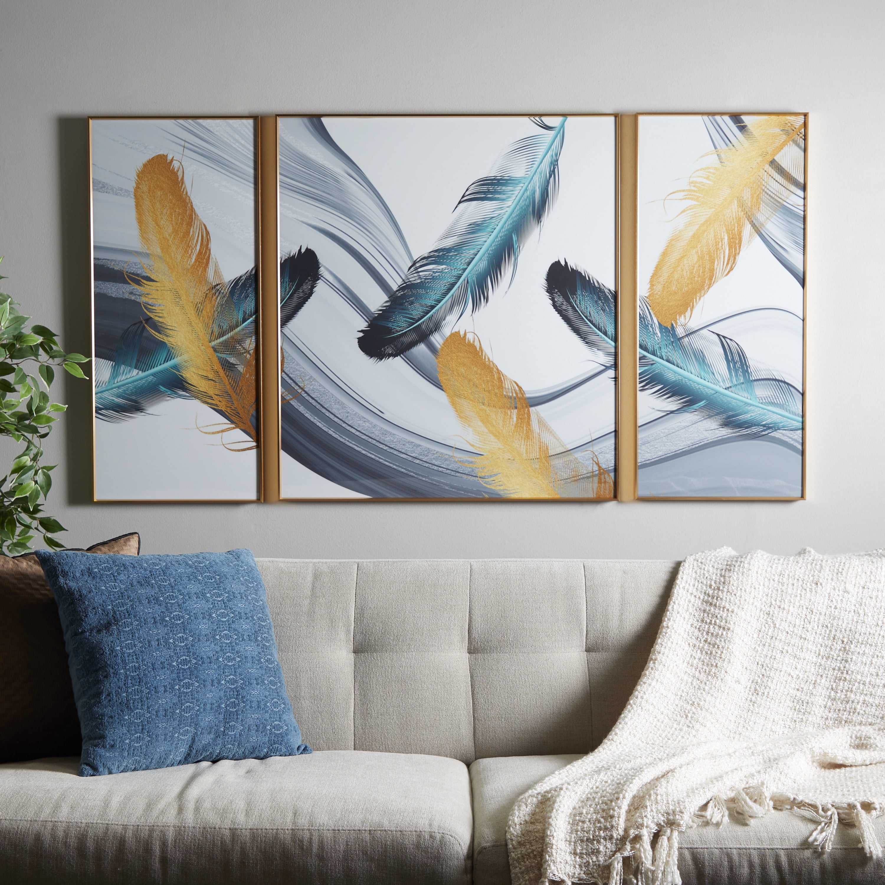 32" x 36" Feathers Bird Framed Wall Art with Gold Aluminum Frame, by CosmoLiving by Cosmopolitan (3 Count)
