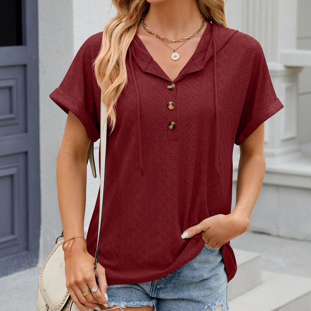 Qertyioot Femmes V- Cou Creux Loisirs Manches Courtes Tops Blouse